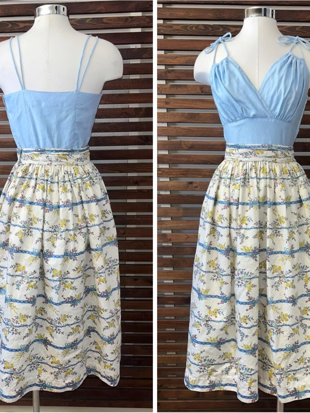 Vintage 1950s Cream & Blue Floral Spaghetti Strap Midi Rockabilly Dress Belt